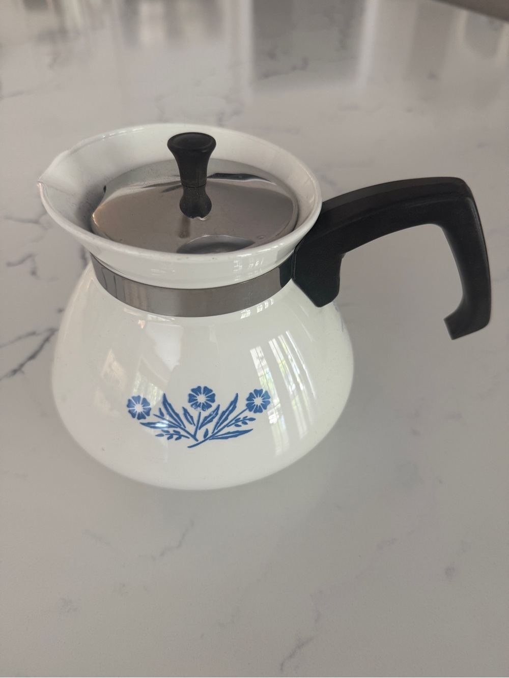 Vintage Rare Corningware White Coffee Pot with Blue Floral Motif & Black Handle